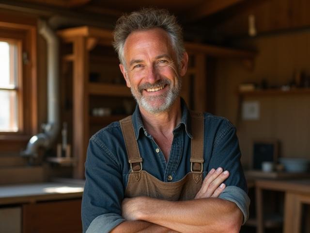 Clyde Edward Obrien in his workshop, surrounded by woodworking tools and partially restored furniture, smiling warmly.