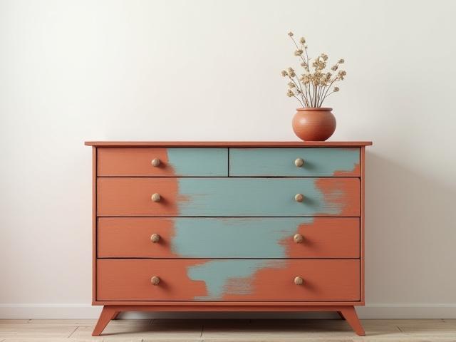 Hand-painted dresser in rich terracotta and azure blue hues