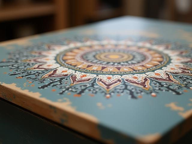 Close-up of a hand-painted mandala pattern on furniture surface