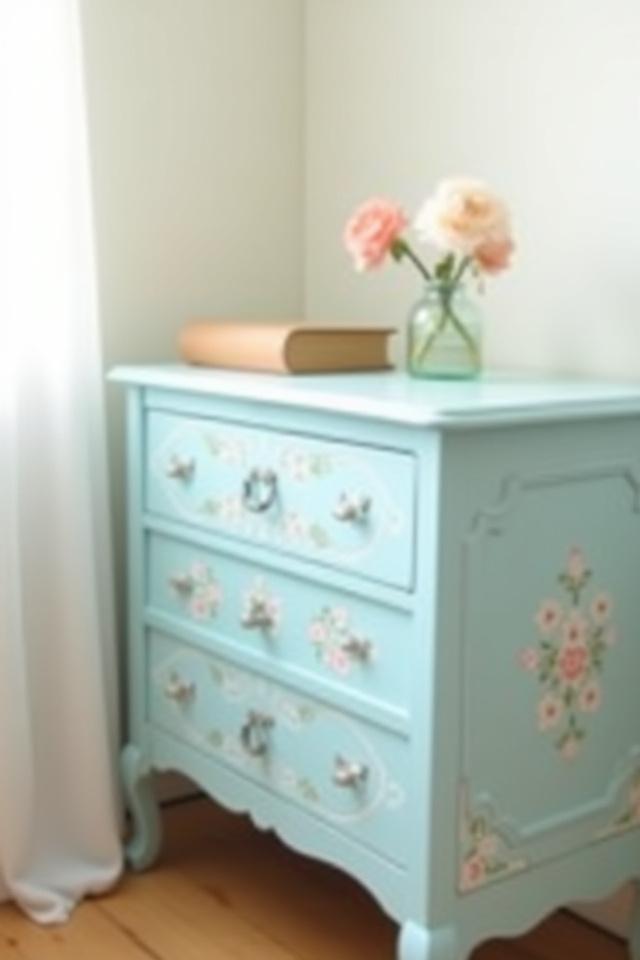 Vintage nightstand painted pastel blue with delicate floral hand-painting
