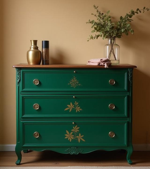 Vintage dresser painted deep green with gold stencil detailed florals
