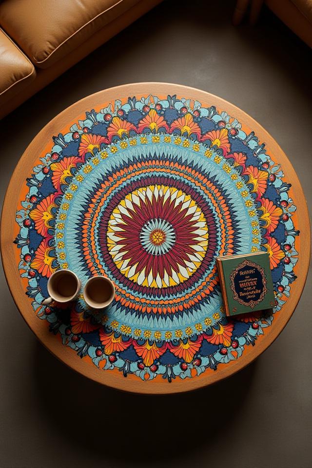 Wooden coffee table with a detailed hand-painted mandala on its surface
