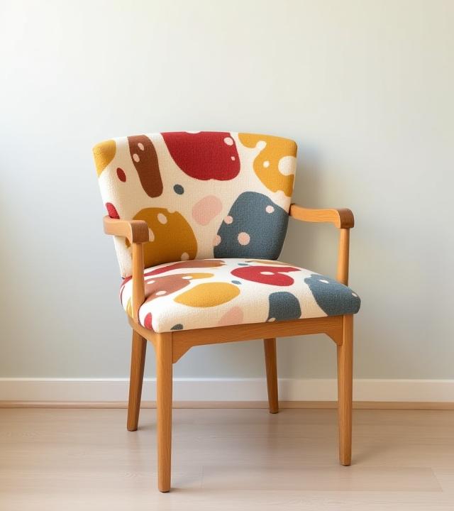 Side chair reupholstered with vibrant, eclectic patterned fabric
