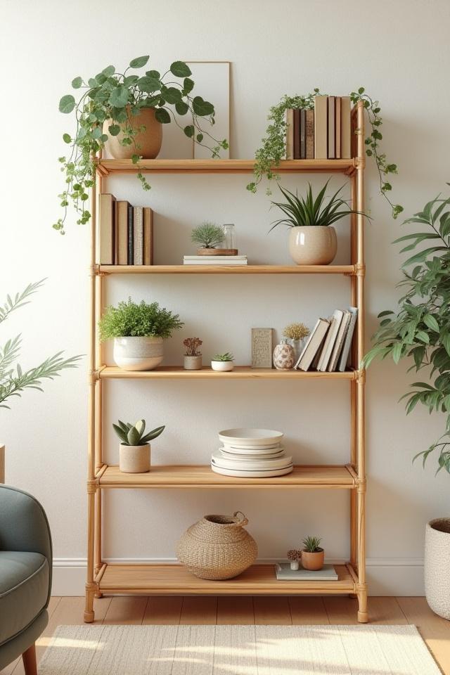 A beautifully restored 1970s rattan bookshelf styled with plants and books