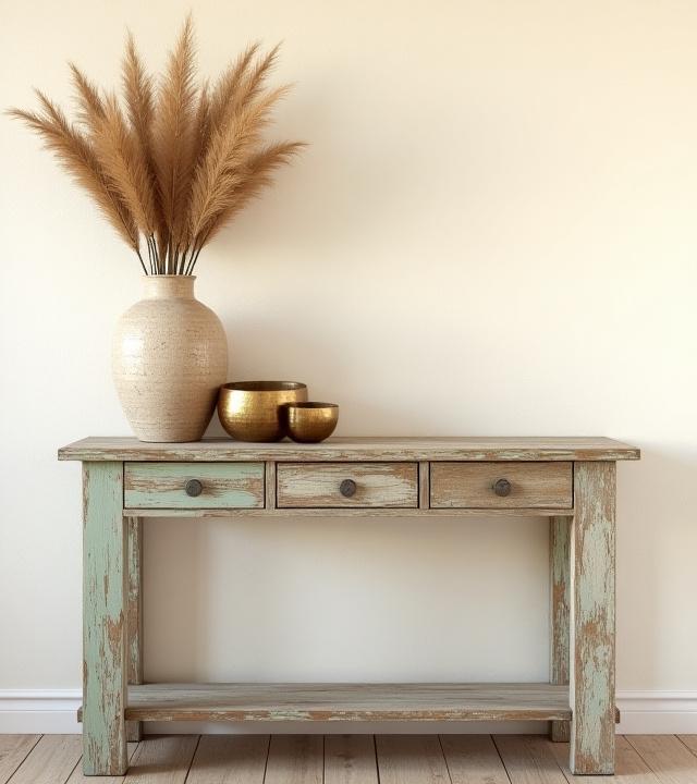 Reclaimed wood console table with distressed paint finish and metallic accents