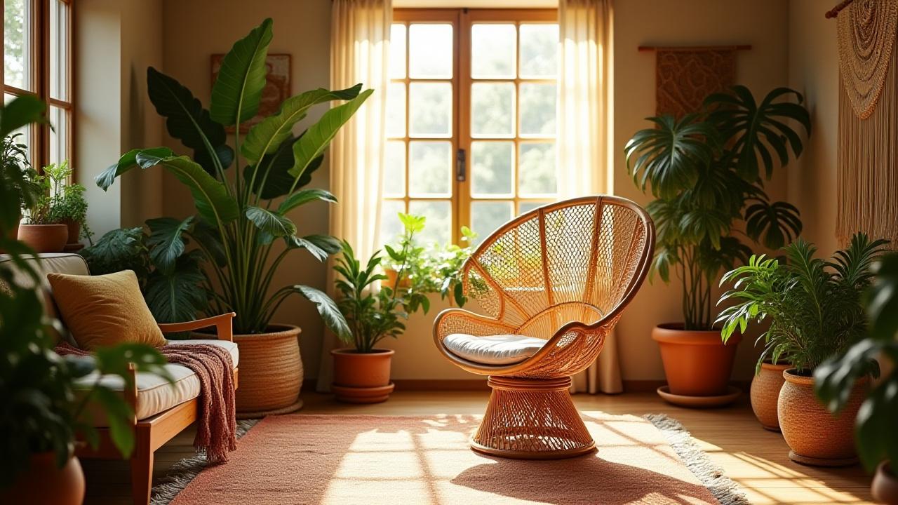 Restored peacock chair in a bright, bohemian-styled room with abundant plants and layered textiles