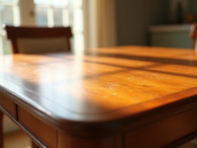 Restored dining table, stripped and refinished to its original warm wood tone.