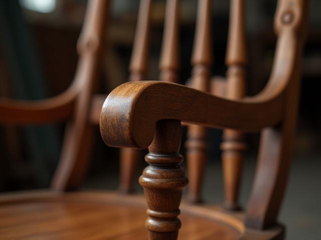 Antique rocking chair with numerous repaired spindles and a glossy new finish.