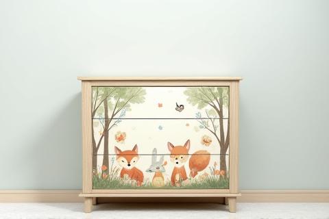A child's dresser adorned with a detailed, playful hand-painted forest scene featuring friendly animals and trees in soft, inviting colors.