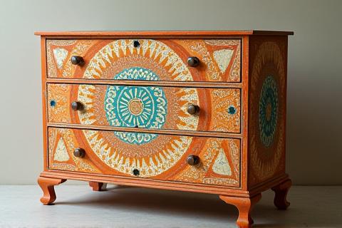 A vibrant chest of drawers with hand-painted mandala patterns in a rich palette of terracotta, turquoise, and cream, evoking a bohemian style.
