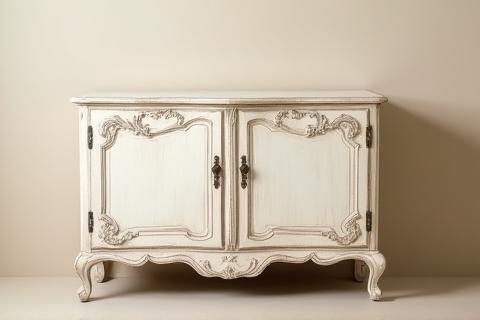 An antique white buffet with artfully distressed edges and subtle antiquing glaze, showcasing a classic farmhouse or shabby chic look.