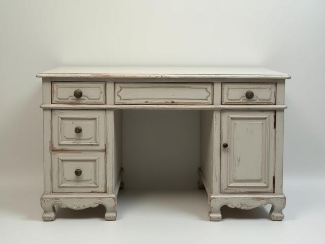 An old writing desk given a new life with soft gray chalk paint and artistically distressed edges, achieving a refined classic look.