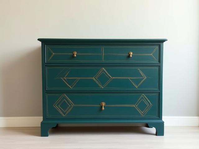 A plain pine dresser transformed with a dark teal and gold geometric pattern, showcasing bold contemporary design.