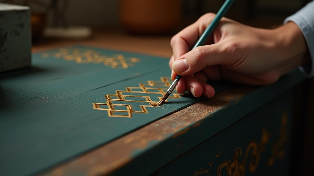 A close-up shot of a hand artistically painting a detailed pattern in gold and teal on a wooden drawer front, showcasing precision and craftsmanship.