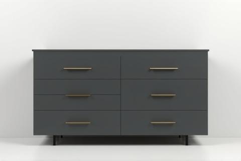 A sleek dresser painted in a high-gloss, deep charcoal gray with minimalist brass handles, reflecting a modern aesthetic.
