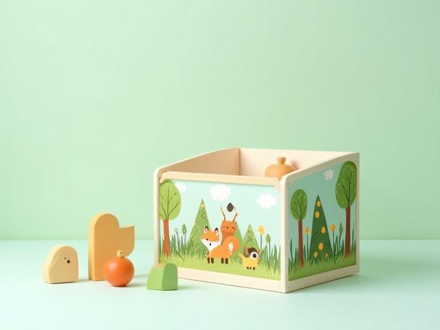 A children's toy box adorned with a whimsical, hand-painted forest scene featuring friendly animals and trees in soft, inviting colors.