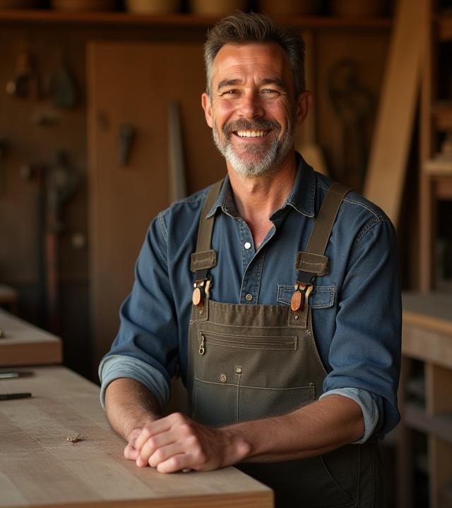 Clyde Edward Obrien in his workshop, smiling warmly amidst tools and wood