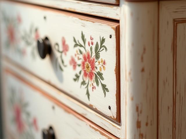 Close-up of a hand-painted floral design on a charming wooden cabinet