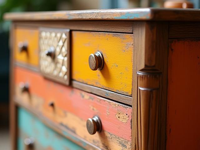 Vibrantly restored vintage wooden dresser with patterned drawers
