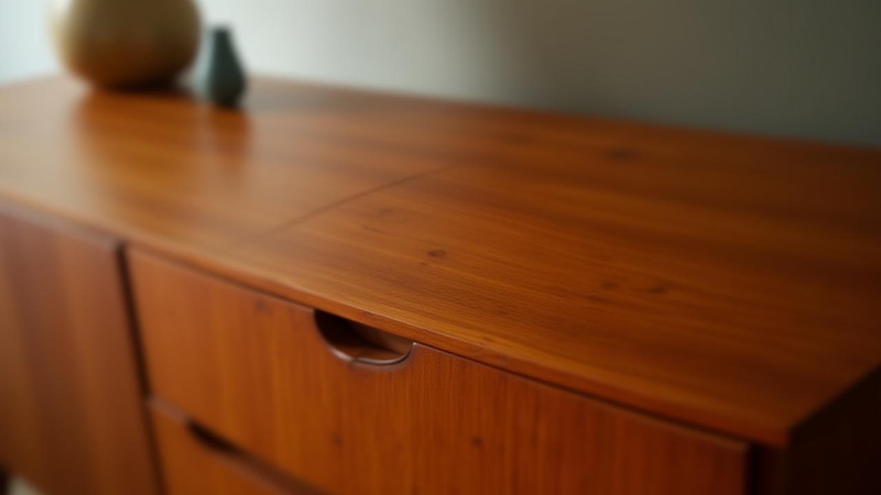 Detailed shot of a beautifully restored Danish teak credenza, highlighting its clean lines and rich wood grain