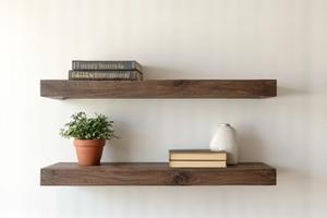Floating shelves made from thick, weathered reclaimed wood beams