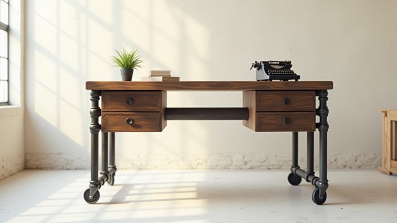 A uniquely upcycled desk made from reclaimed dark wood and industrial metal pipes, showcased in a light-filled studio.