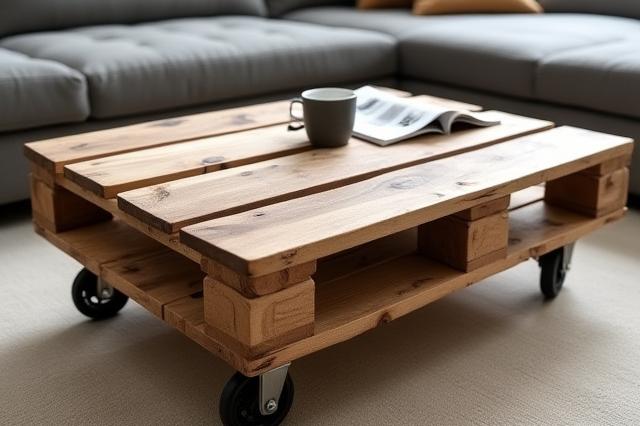 A handcrafted coffee table made from sanded and stained shipping pallets with cast iron wheels.