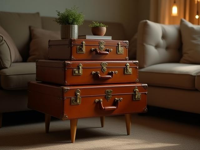 Three vintage leather suitcases stacked to form a charming side table, with a small plant on top.