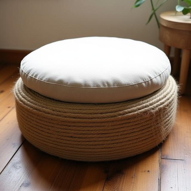 An old car tire wrapped in thick rope and topped with a cushion to create a boho-style ottoman.