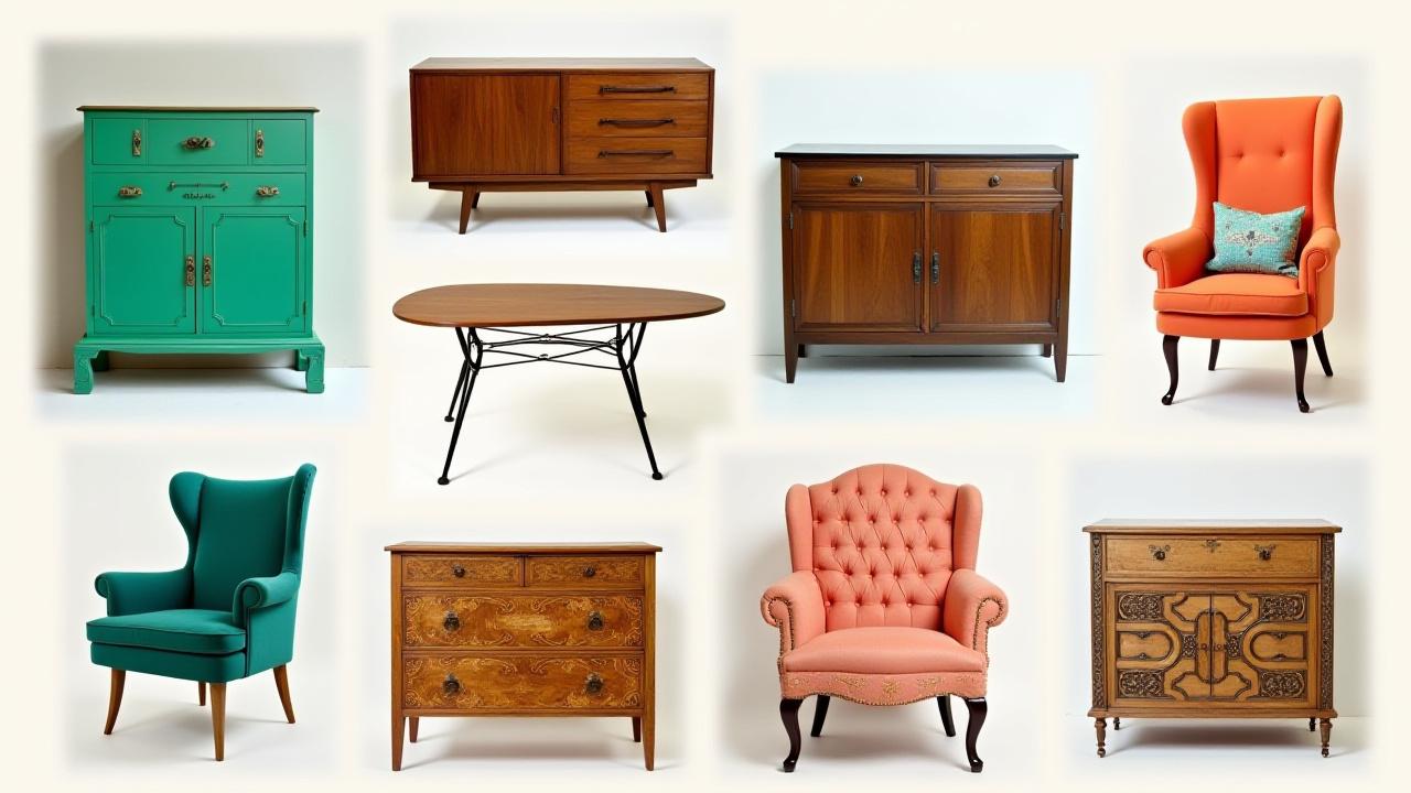 A collage of diverse, artfully restored vintage furniture pieces, showcasing various styles and colors after a vintage furniture flip.