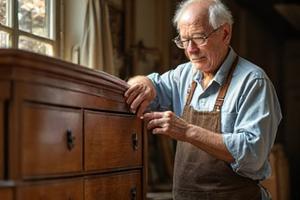 Clyde Edward Obrien expertly inspecting vintage furniture at an estate sale, representing 'The Hunt'.