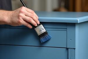 A close-up of hands applying paint gracefully to a vintage dresser, symbolizing 'The Transformation' phase of furniture restoration.